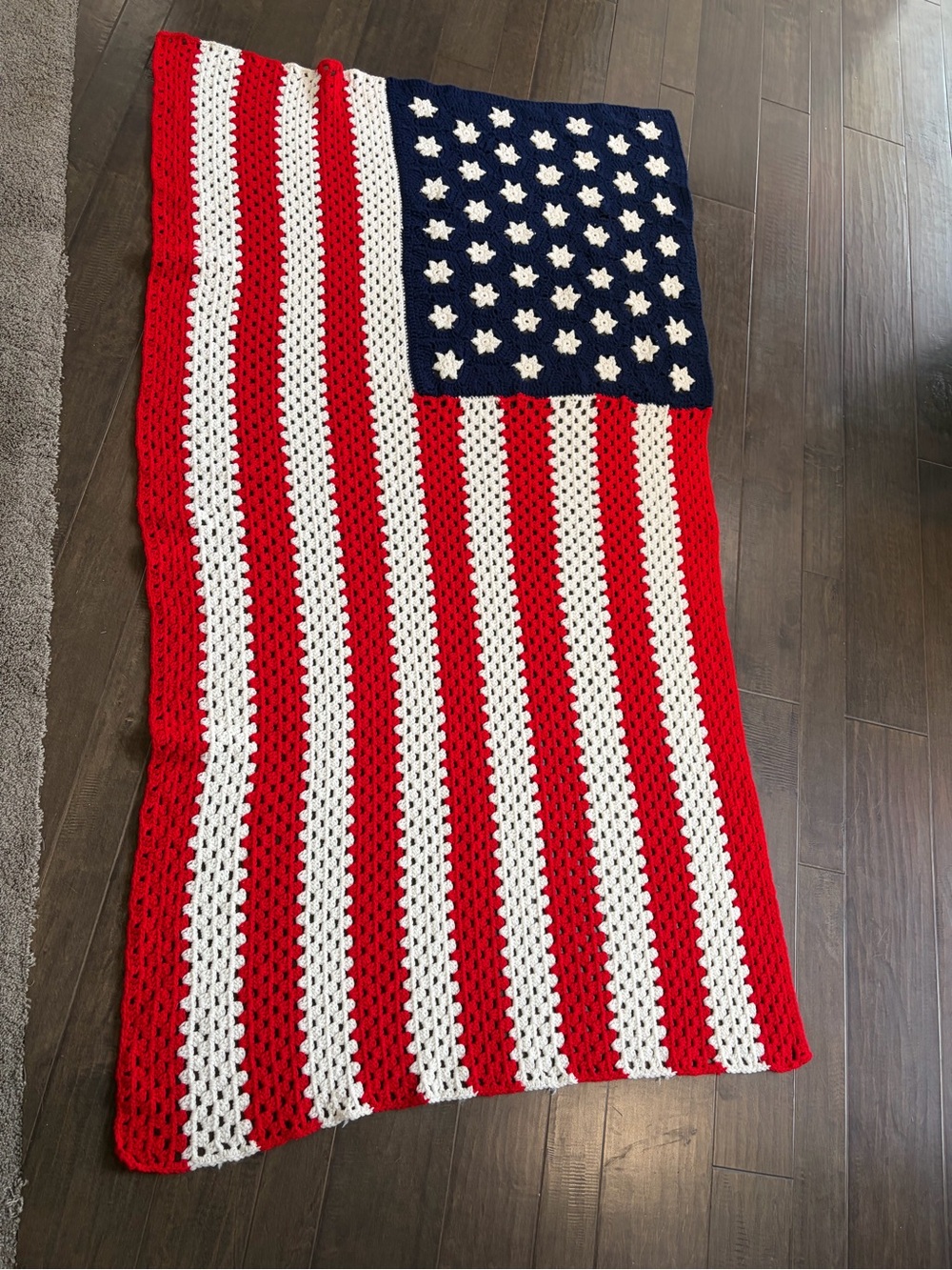 New Vintage Boutique United States American flag hand crocheted afghan 44” x80”